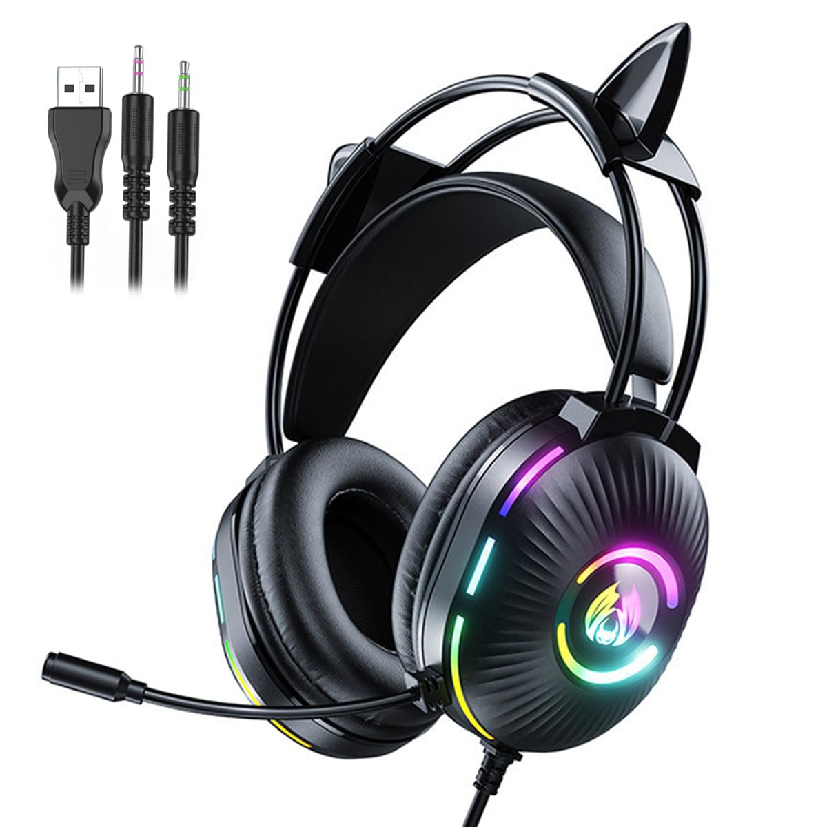 Cuffie da gioco con microfono, graziose cuffie RGB cablate con microfono a cancellazione del rumore, auricolari over-ear con orecchie da gatto per giocatori/PC/streamer/cosplay (nero)