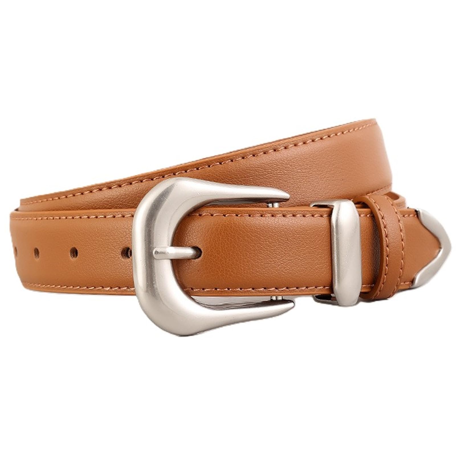 Agutalithic Women's Brown Stitching Leather Belt, 1-1/8" Wide Vintage Distressed Look Strap With Heavy Duty Bright Silver Prong Buckle(100Cm/39, )