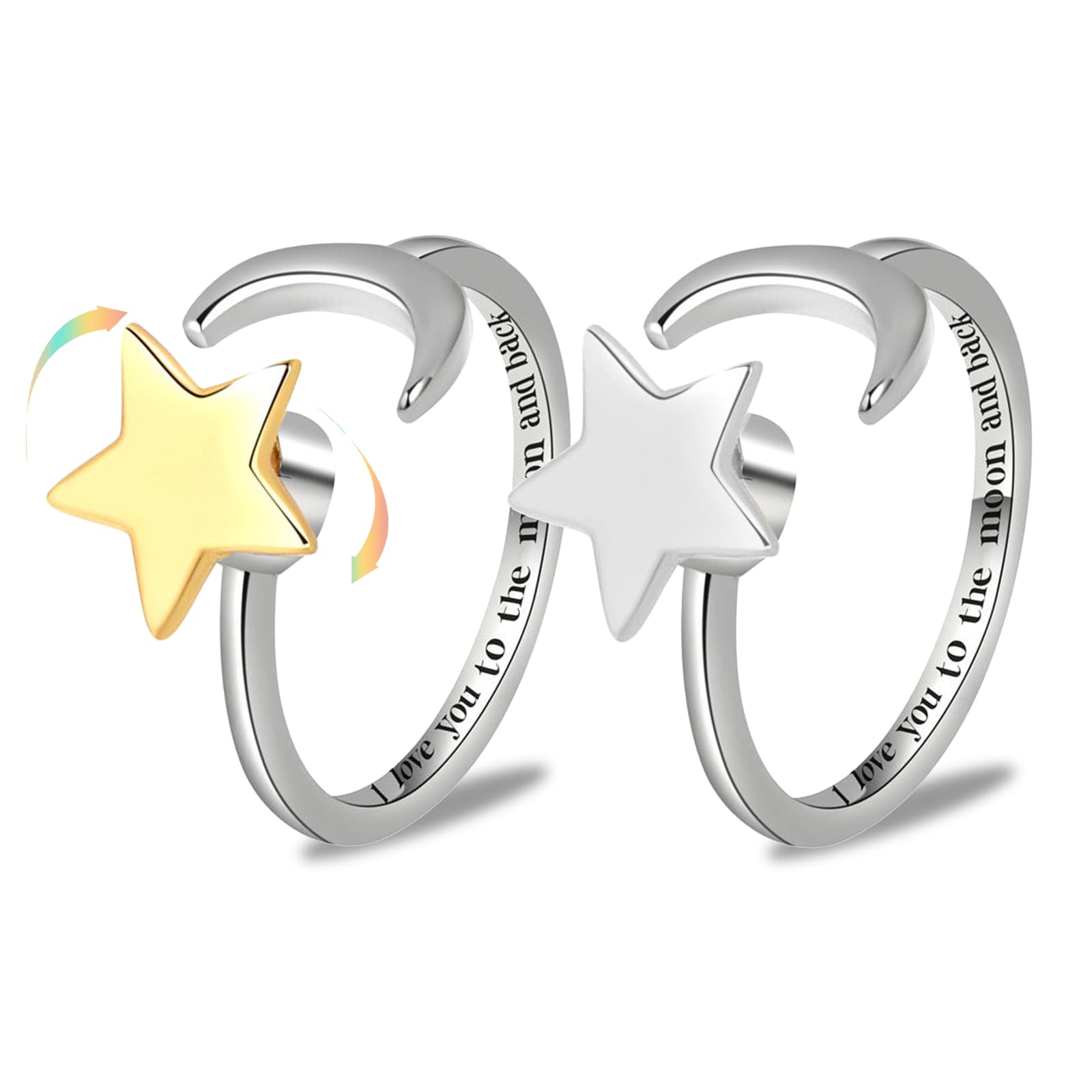 FychuoAnxiety Ring, 2 Pack Fidget Rings for Anxiety Women Small Gifts, Moon Star Adjustable Rings for Teen Girls Spinner Ring Funny Mood Ring for Kids