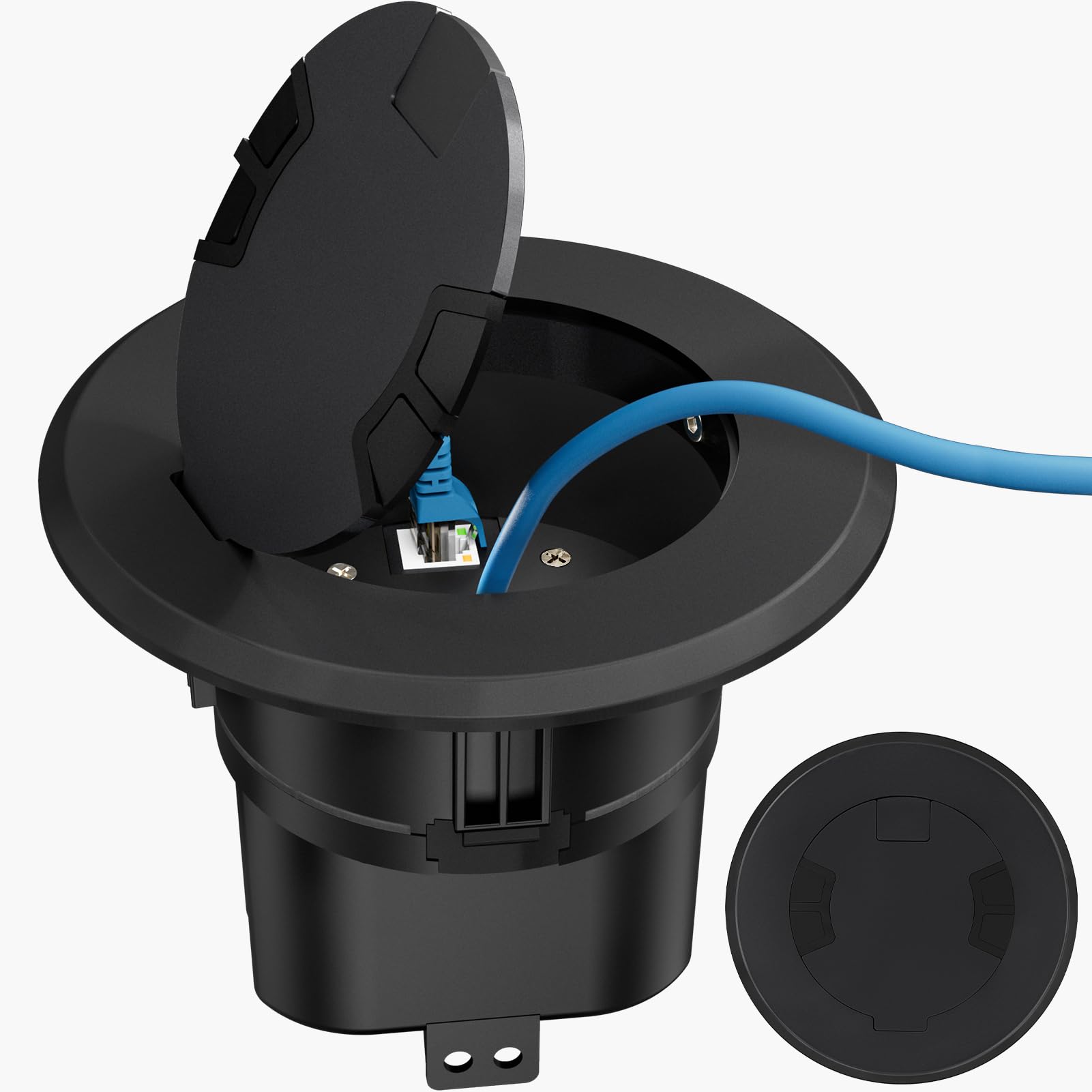 Photo 1 of Recessed Power and Data Round Floor Box, Flush Mounted Electric Floor Box with Low-Voltage Keystone, Floor Cable Concealer w/20 Amp 125V Receptacle, Home Safety Upgrade, Easy to Use (1, Black)