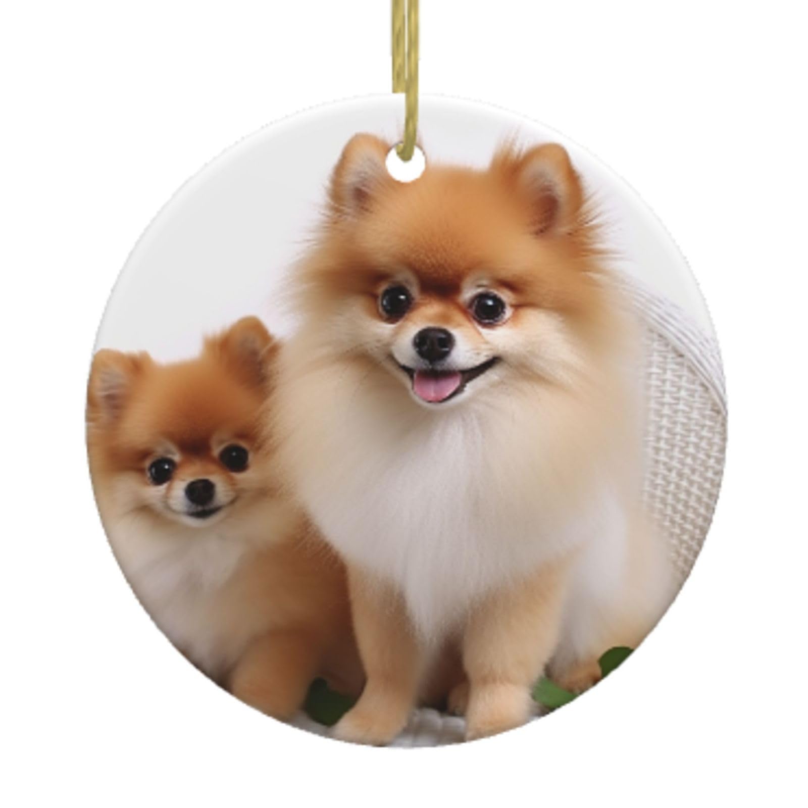 Ceramic Christmas Tree Hanging Ornaments with Gold Ropes Christmas Tree Decorations Round Ceramic Cute Pomeranian Pendant Keepsake Decorations for Holiday Xmas Gift Ideas