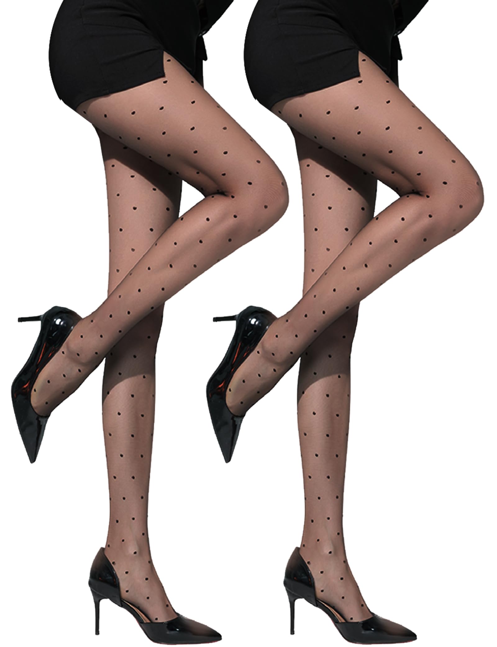 2 Pairs Black Patterned Tights for Women, Sheer Nylon Stockings with Back Seam, Polka Dots, Hearts, S-XL