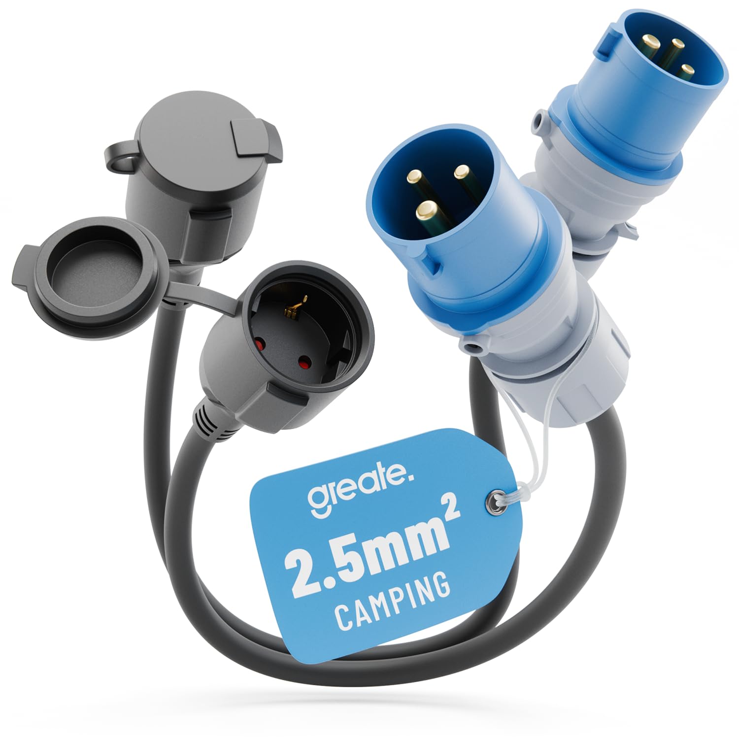 greate 2 x 16 A CEE adapter ze stykiem ochronnym - adapter CEE złącze 230 V z kablem o długości 50 cm i ochroną IP44 - adapter kempingowy na Schuko