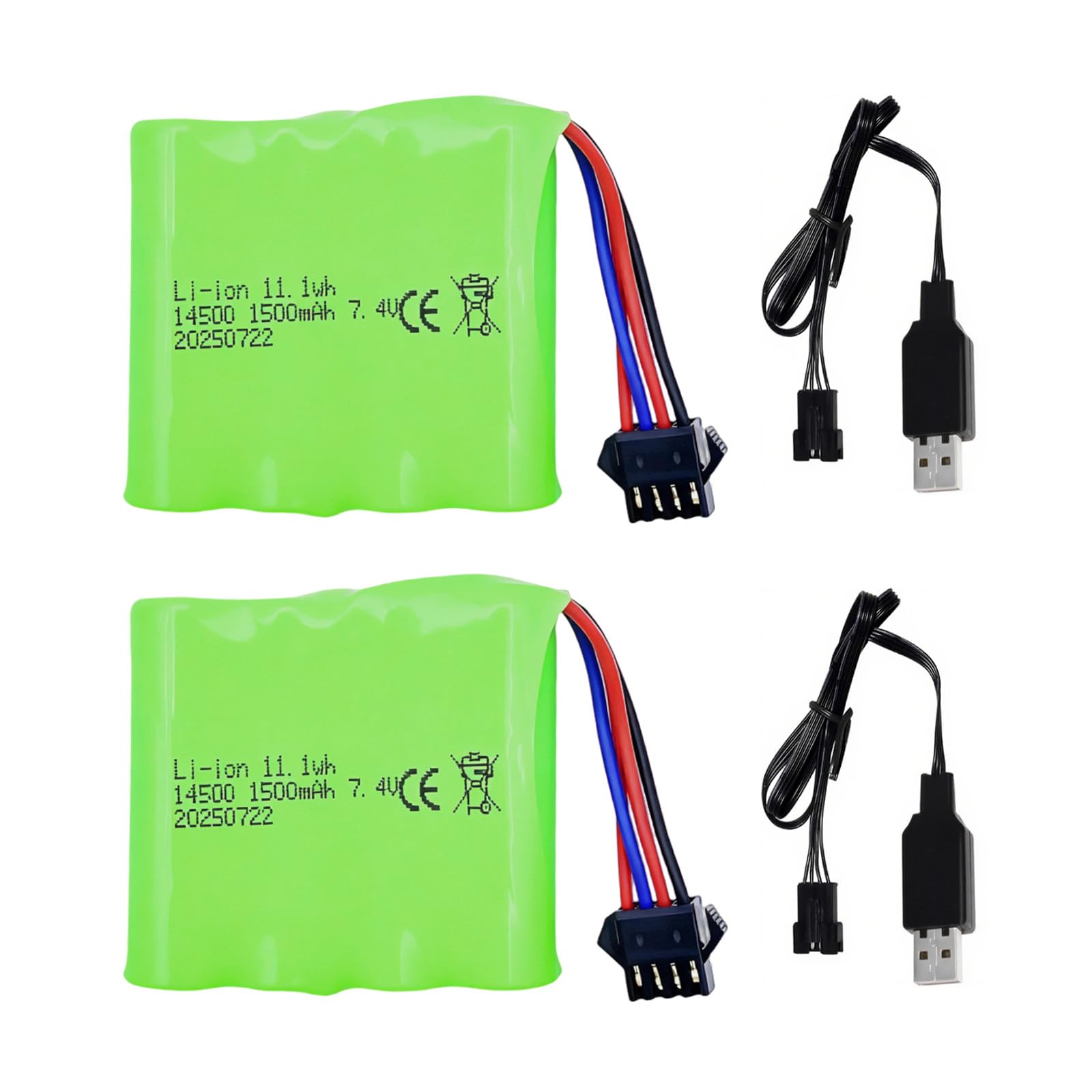 Batterie 7,4V 1500mAh Li-ion – Connecteur JST – 70x37x19mm – Pour Voiture RC, Bateau, Camion – Charge USB Incluse