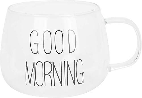 Taza de café transparente, 3.1 x 4.3 in 3.1 x 4.3 pulgadas, patrón de "Buenos días", cilíndrico transparente, resistente al calor, taza de leche de