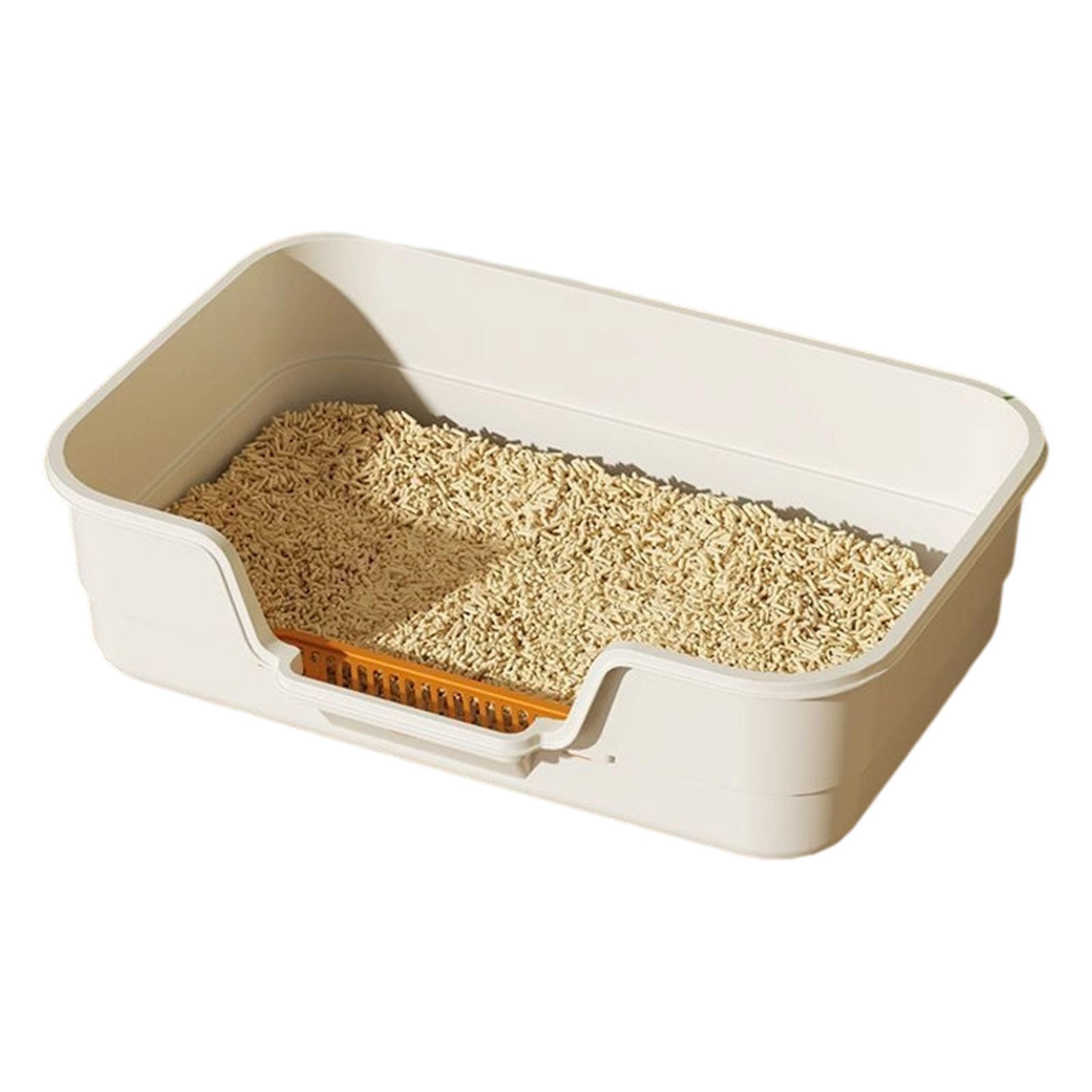 Cat Litter Box, Semi Enclosed Large Cat Litter Trays with High Sides Large Open Top, Easy Cleaning Access Lowered Entry Step, Indoor Pet Potty for Elderly Cats Kitten House Rabbit (Beige)