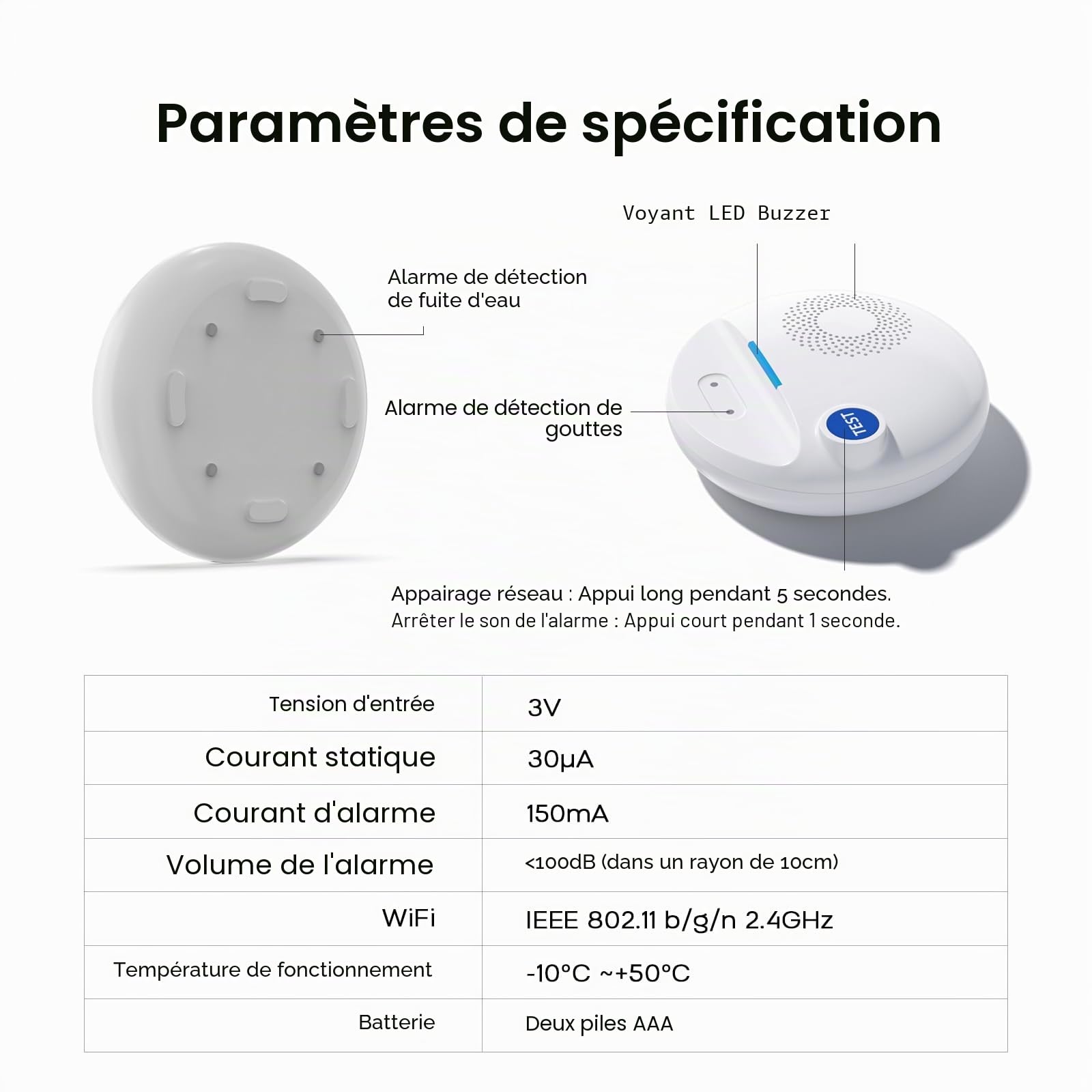 PGST - Détecteur de Fuite d'eau et d'Inondation Connecté WiFi 2.4 GHz, Bluetooth, Compatible Tuya Smart et Smartlife, IP67,Capteur de Fuite d'eau pour Cuisine, Salle de Bain, sous-Sol