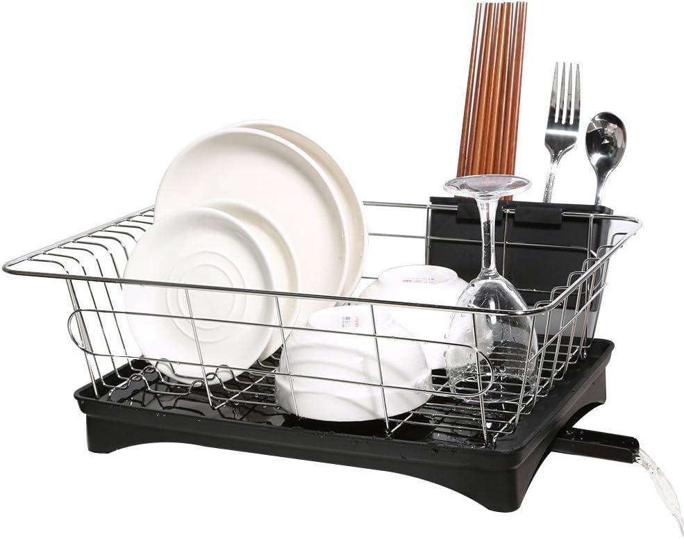 Dish Drying Rack, Stainless Steel Dish Drainer and Tray with Black Rustproof Drainboard Set for Small Kitchen Counter Utensil Holder Beside the Sink by ALLCR