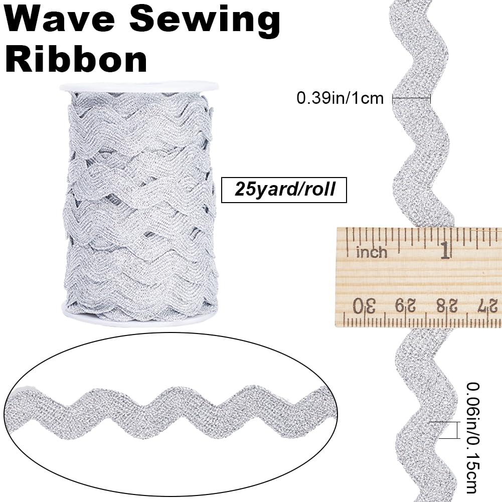 GORGECRAFT 1 Roll 25 Yards Ric Rac Trim Ribbon 10mm Rick Rack Silver Wave Sewing Bending Fringe Trim Braided Woven Fabric for Sewing Flower Making Wedding Dress Party Craft - Image 2