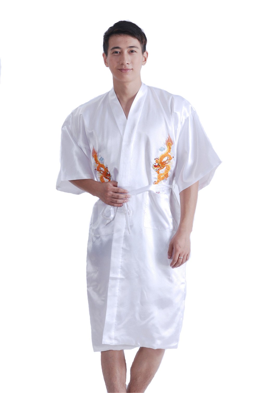 Jtc Men's White Imitation Silk Kimono Bathrobe Dragon Embroidered Dressing Gown Sleepwear (White)