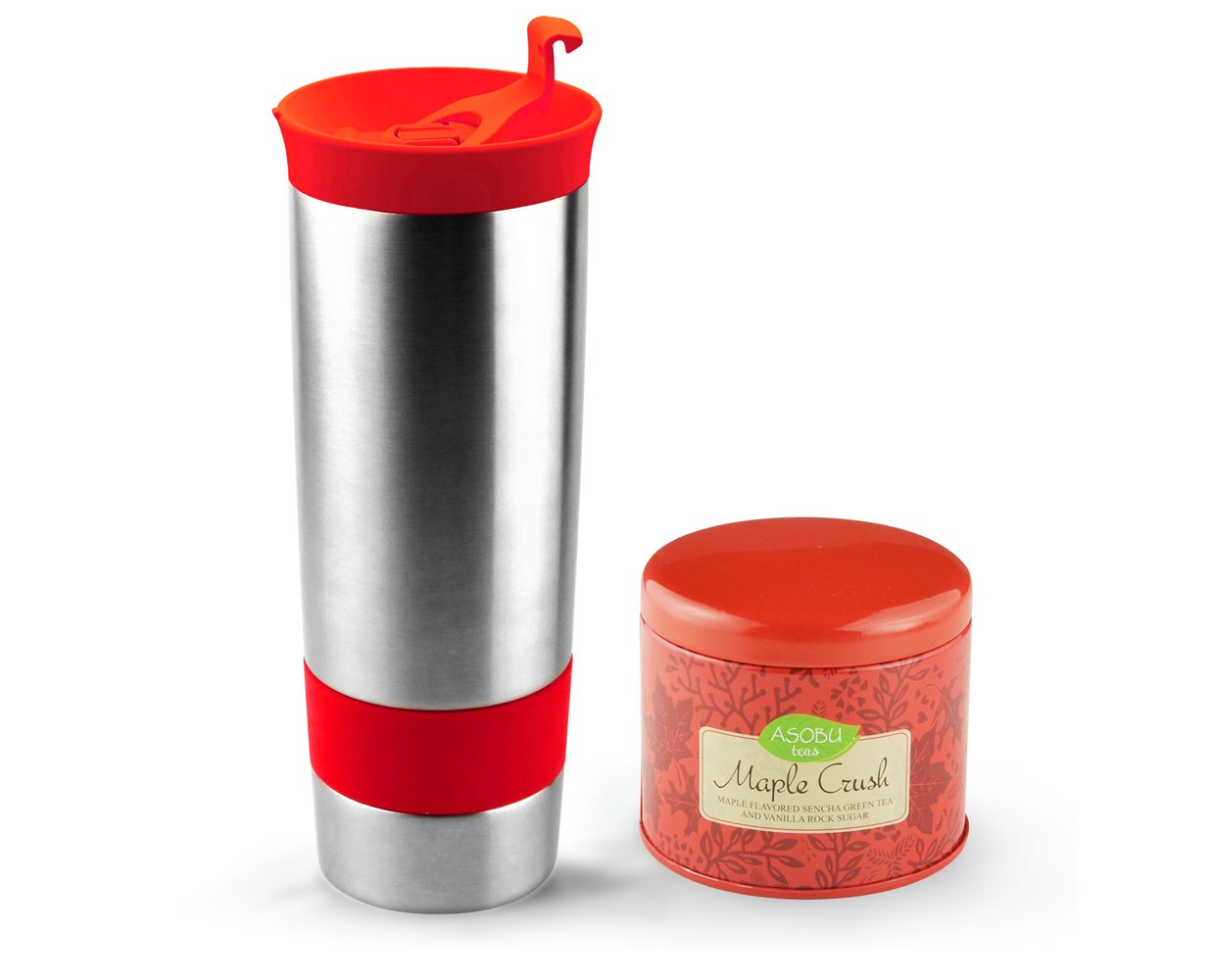 Asobu Hot Press Bottle with Maple Crush Tea, 16-Ounce, Stainless Steel/Red