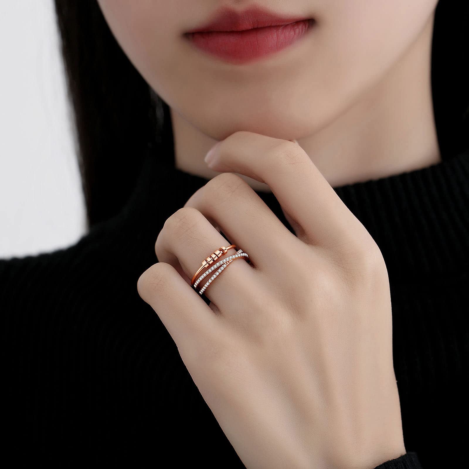 EUDORA Harmony Ball Anello Anti-Stress Anelli in Argento Sterling 925 con Perline Anelli Fidget Regolabili da Donna Anelli Anti Ansia Impilabili Anello per Ragazze Anelli Spinner da Donna