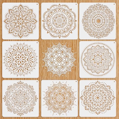 MWOOT STENCIL SET 8pcs, Large Mandala Templates for Painting Reusable Floral Designs, Wall Tile Furniture Home Decoration