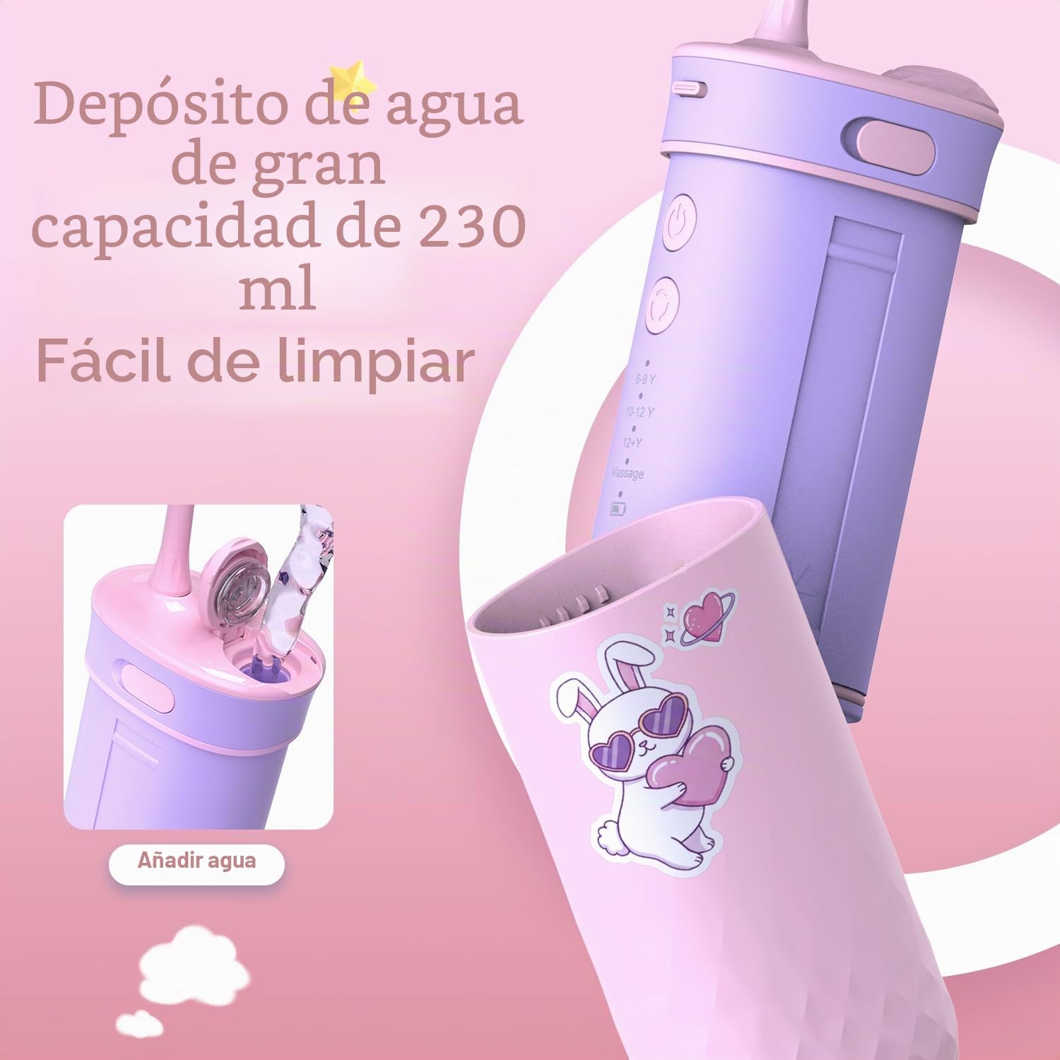 JTF Irrigador dental de agua para niños: irrigador oral portátil recargable con 4 modos de hilo dental de 230 ml, tanque de 4 puntas, bolsa de viaje, calcomanías impermeables, hilo dental eléctrico