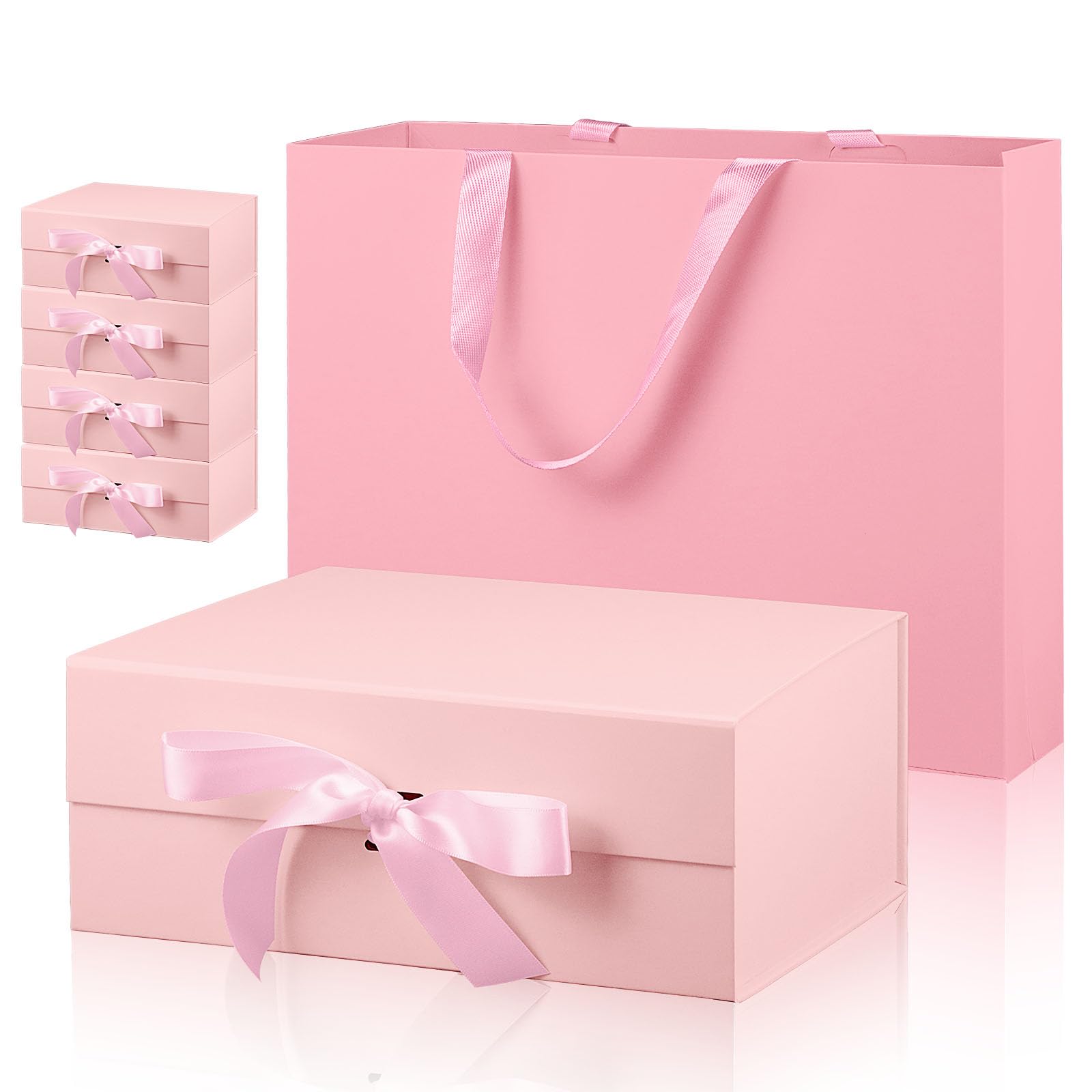5 Pack Large Magnetic Gift Boxes with Ribbon, 29 x 22 x 11 cm, Pink