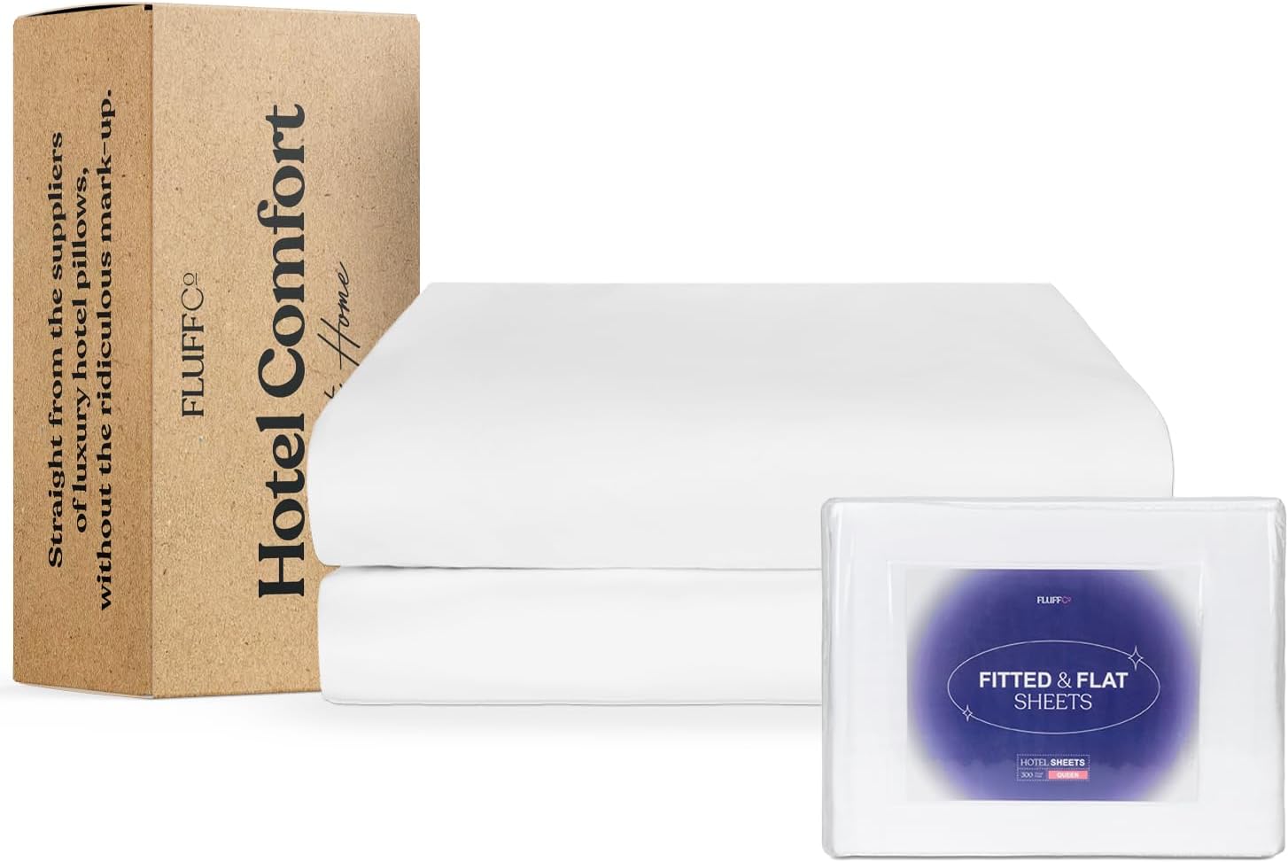 Fluffco 100% Cotton Flat & Fitted Bed Sheets | Luxury Hotel Quality Queen Size Cotton Bed Sheet- 300 Thread Count | Machine Washable- Includes 1 Flat & 1 Fitted White Sateen Sheet for Ultimate Comfort