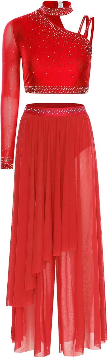 Adult Women'S Lyrical Dance Outfit Morden Contemporary Dancewear One Long Sleeve Crop Top with Wide Leg Skort Pants Red Large