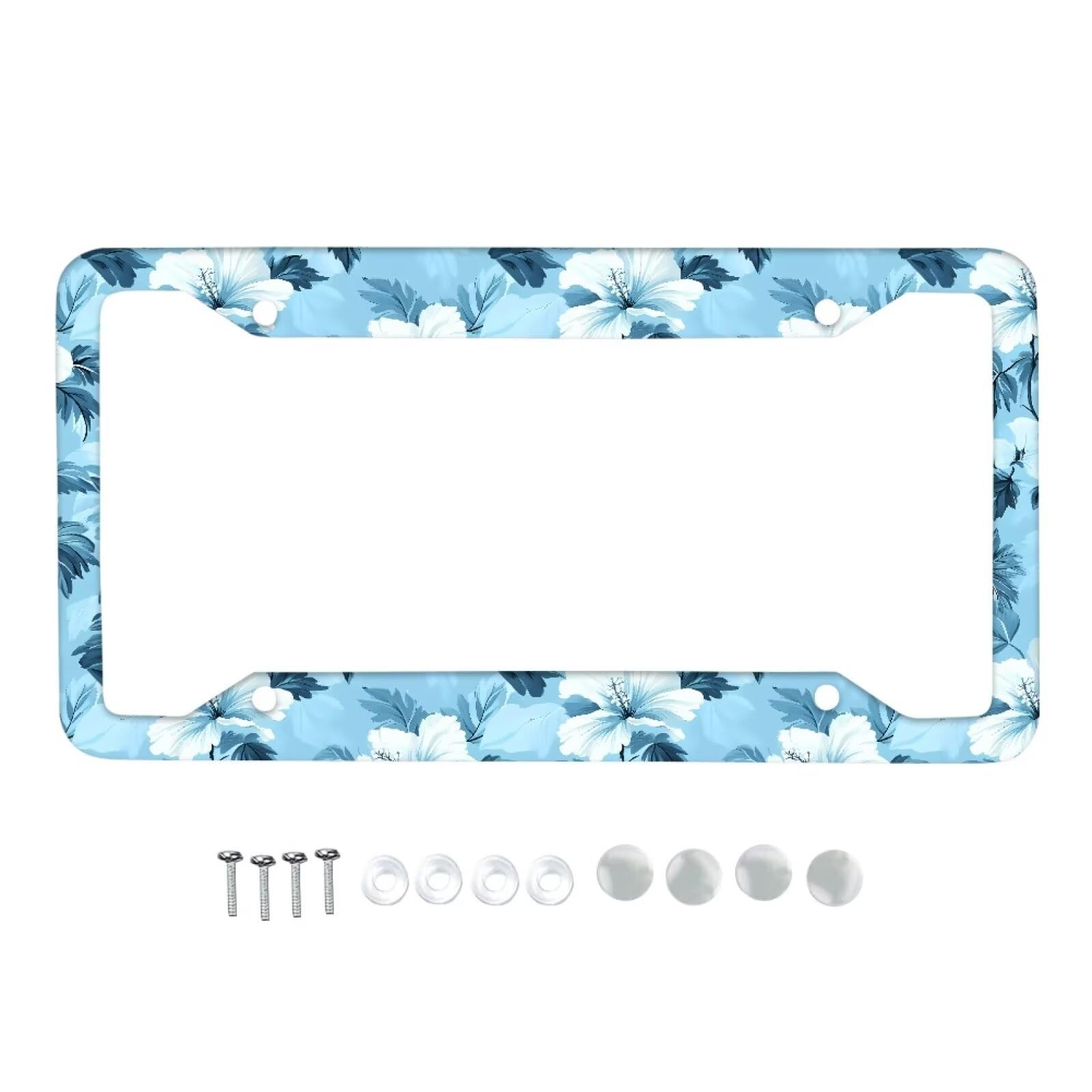 KEIAHUAN Blue Hubiscus Flowers License Plate Frames Stainless Steel Car Licence Plate Covers with Screws Car Number Plate Frames Universal License Plate Cover Fits All Standard Plates