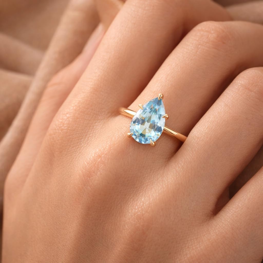 Pear Shape Aquamarine Ring for Women 14K Yellow Gold Solitaire Ring March Birthstone Engagement Ring Minimalist Promise Jewelry Gift for Her