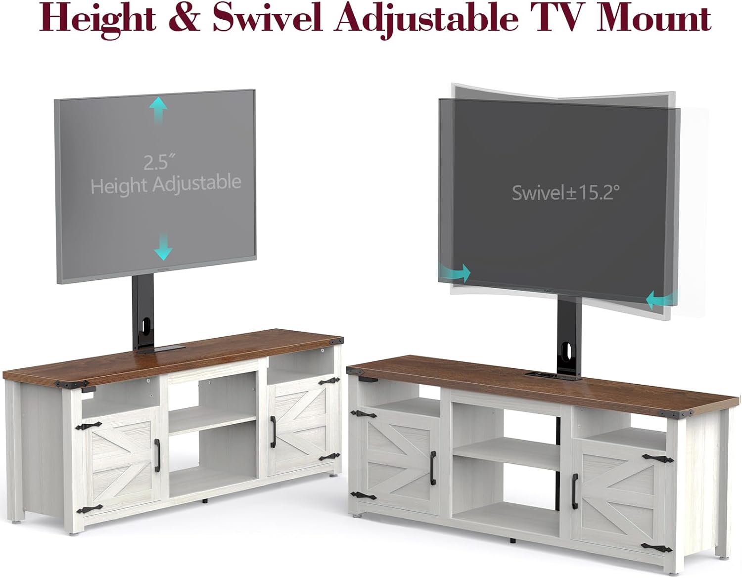 Farmhouse TV Stand with Mount and Charging Station LED Lights 55", Entertainment Center with Height Adjustable Swivel Mount and Barn Doors Storage Cabinets for TVs Up to 70 inch