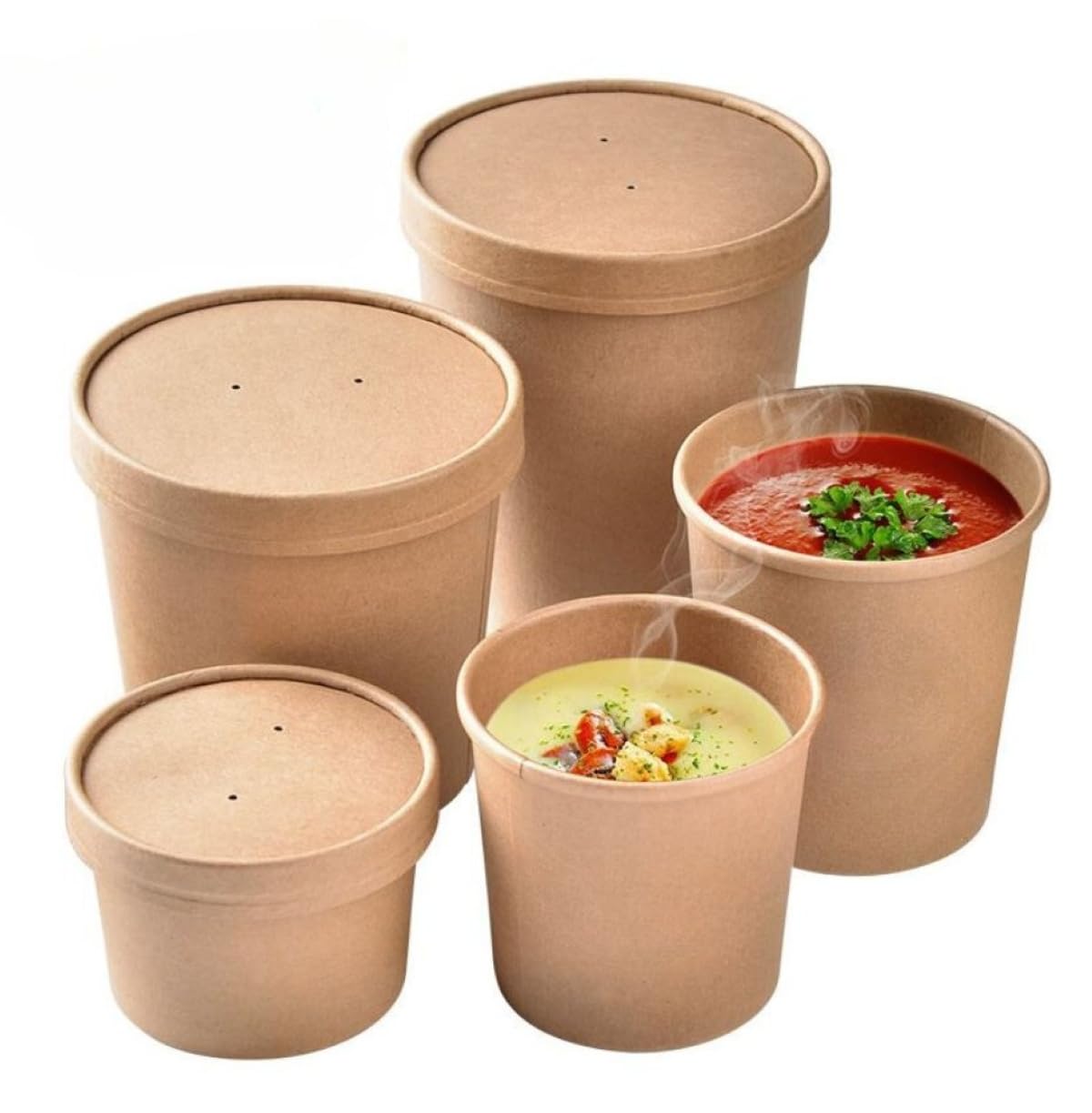 HOT BARGAINS 100 X 26oz / 750ml Brown Kraft Disposable Soup Cups Containers with Lids of Paper Soup Bowls Size for Ice Cream Containers, Dessert and Deli Containers (26oz, 100, Count)