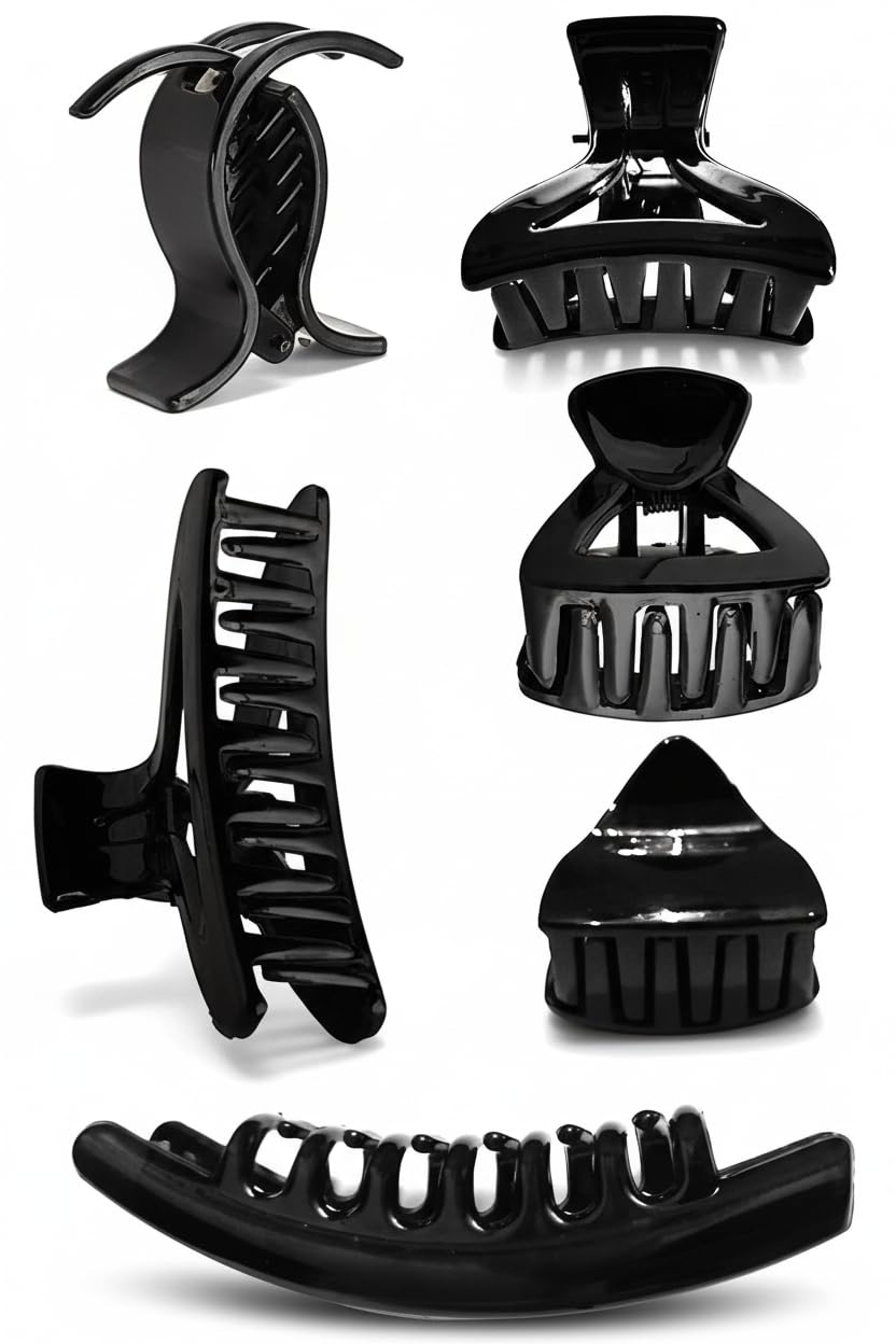 BHARATGAURAV Black Hair Claw Clips for Women & Girls | Medium Size Strong Grip Hair Clutchers for Thick & Medium Hair | Durable Plastic Hair Accessories for Ponytail, Bun & Daily Styling | Pack of 6