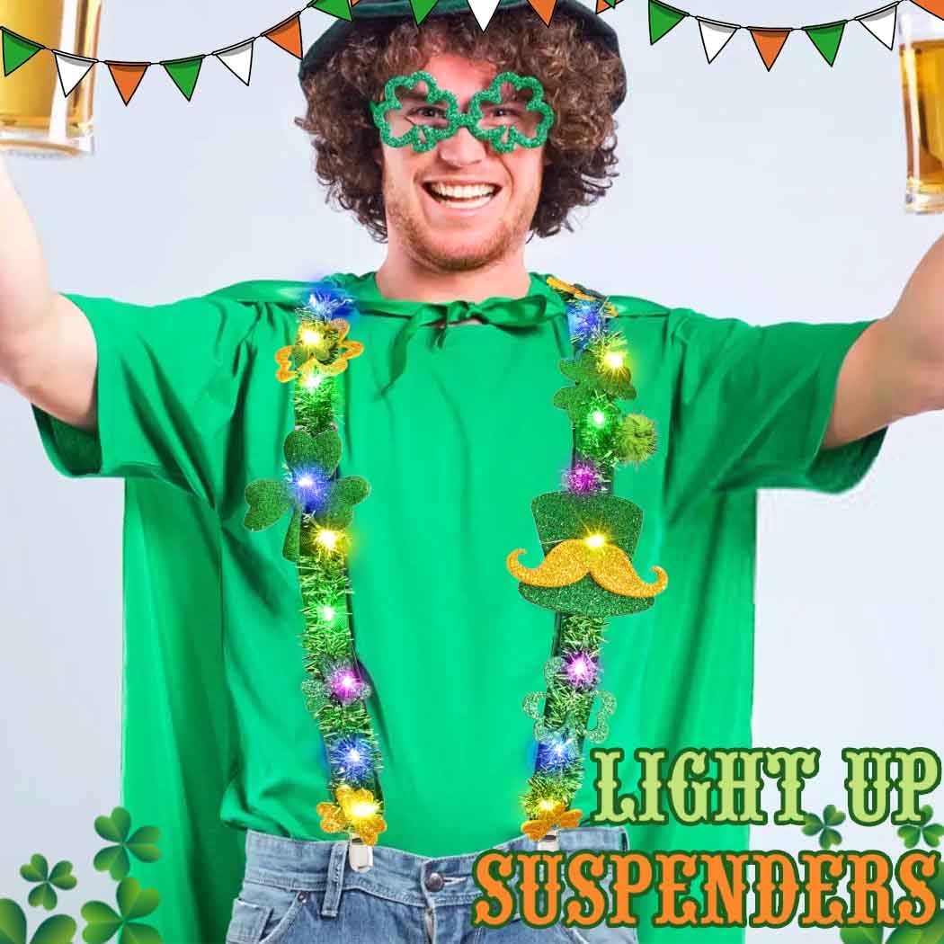 Light Up St Patrick's Day Suspenders Shamrock Clover Suspenders LED Irish Accessories for Men and Women