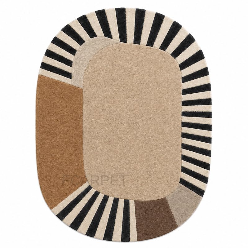 Image of Oval Carpet with Geometric Stripe Border Luxury Wool (Multicolor 10 x 14 feet)