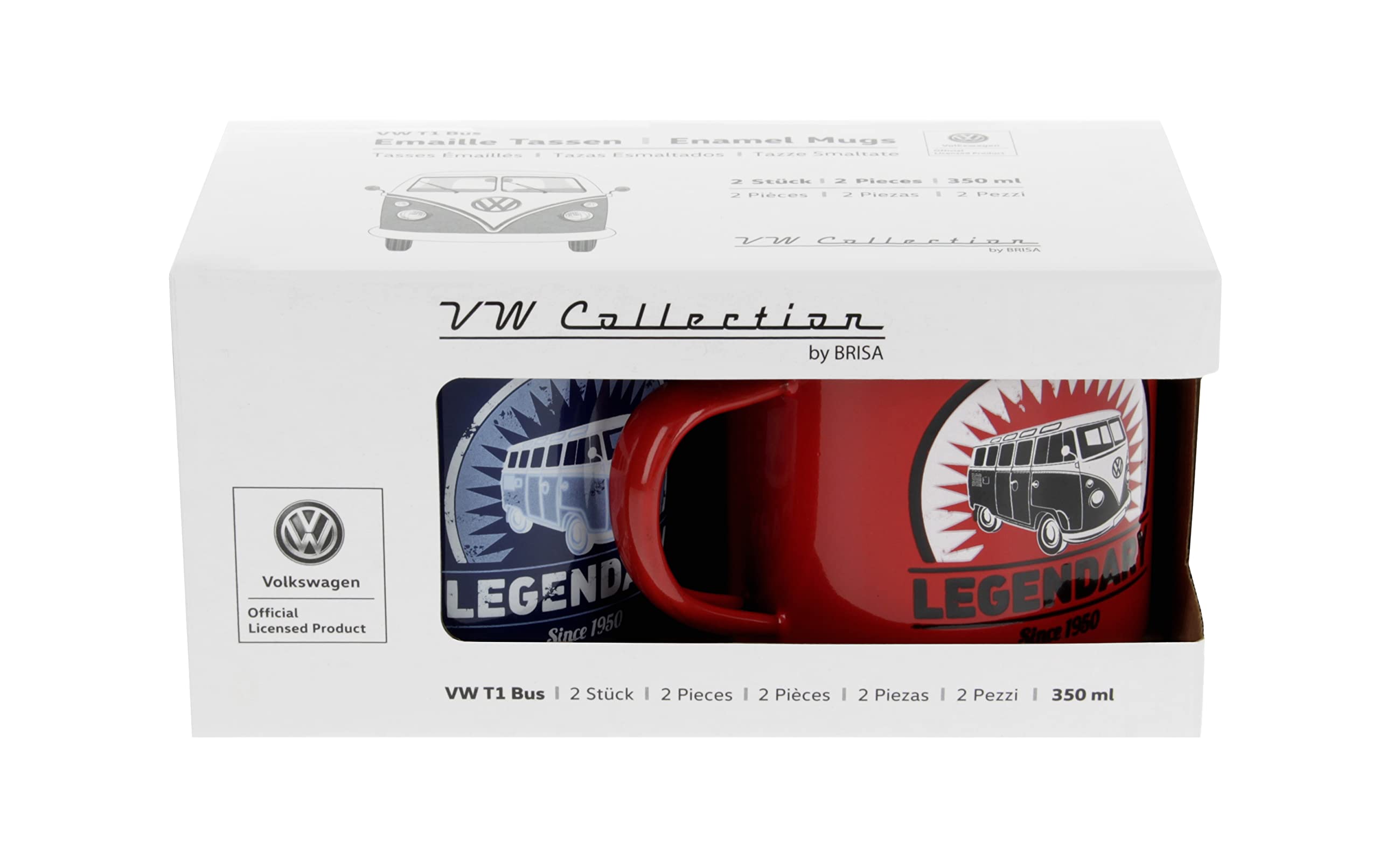 BRISA VW Collection – Volkswagen zestaw 2 emaliowanych filiżanek do kawy i cappuccino, kubek owsiany, na kemping i do aktywności na świeżym powietrzu T1 Bus (350 ml x 2/czerwony i niebieski)