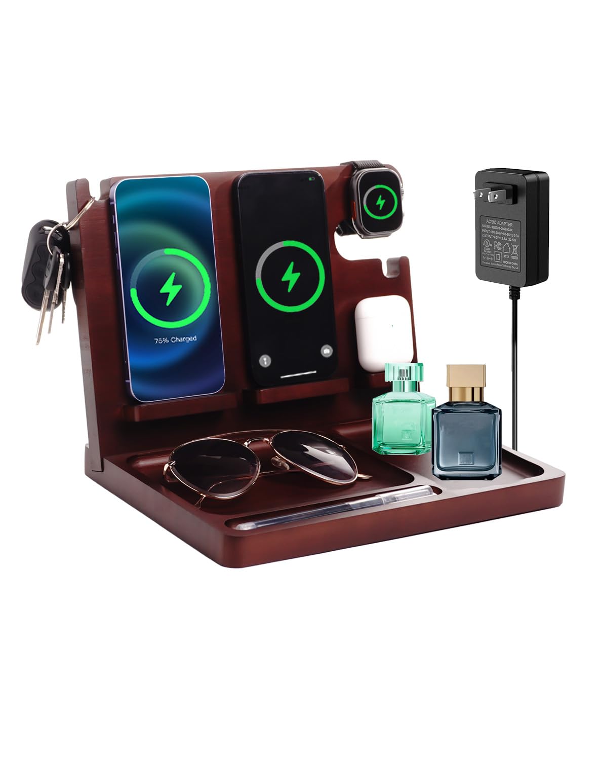 Nightstand Organizer with Dual Phone Wireless Charging Station for 2 iPhone,Apple Watch and Airpods,Bamboo Phone Docking Station,Gifts for Men Dad