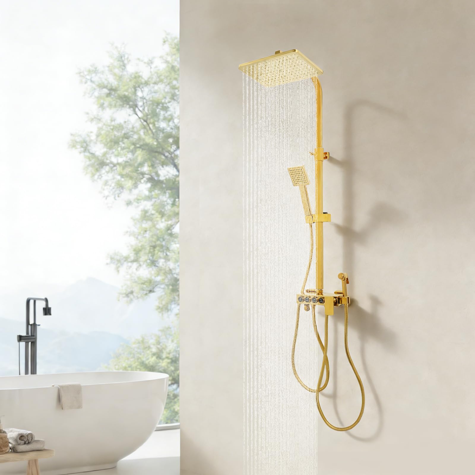 Ducha completa, sistema de ducha, juego de ducha premium en oro, cabezal 4 en 1 (ducha de lluvia, alcachofa de mano, pistola pulverizadora, grifo), giratorio 360°, ABS+latón+cerámica, inoxidable y