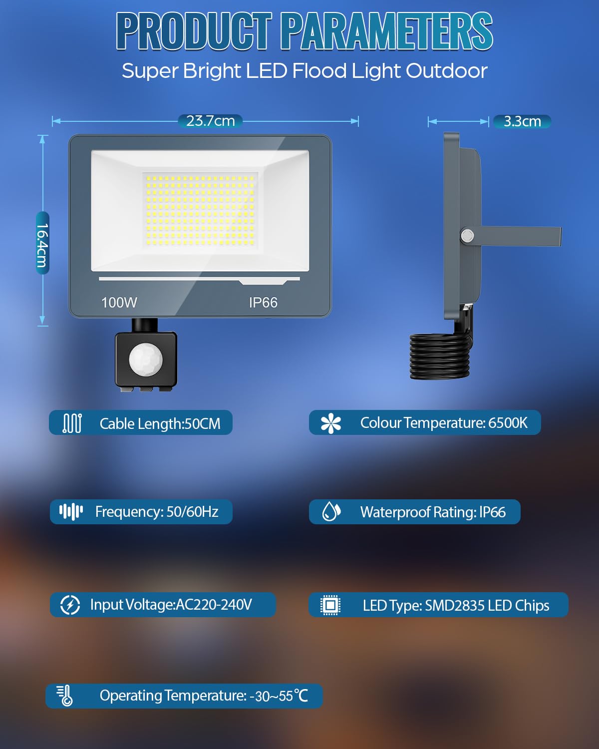 Foco LED con Sensor de Movimiento 100W, Foco Exterior con Sensor de Movimiento 10000LM Super Brillante, 6500K Blanco Frío, Impermeable IP66 para Jardín/Patio 2 Piezas