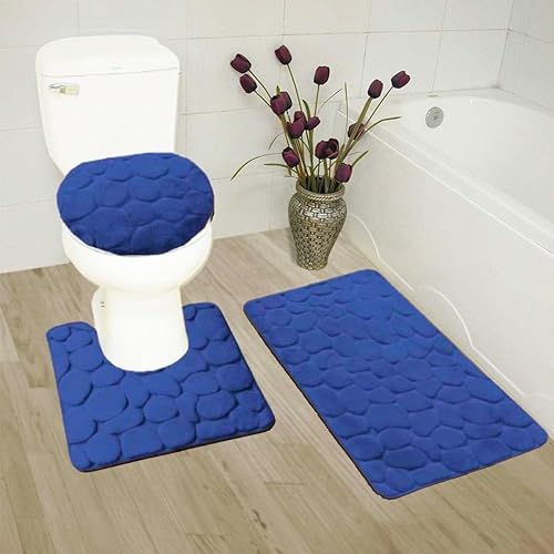 Miniatura 6 de Juego de 3 alfombras de baño de espuma viscoelástica con diseño de piedra griega de roca griega, colores sólidos, tapete de baño de contorno y
