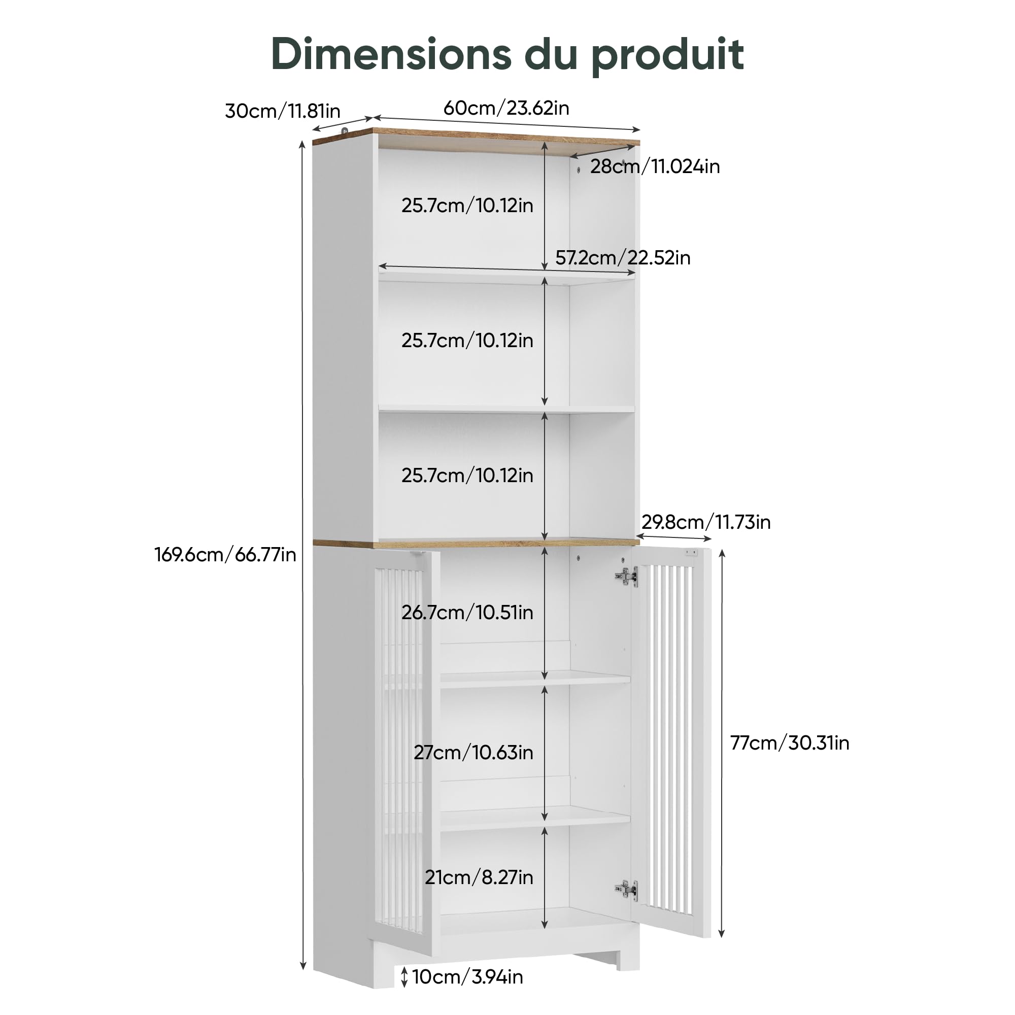 Smart FENDEE Armoire de Rangement Haute pour Salle de Bain, Style Fermier avec Porte à persiennes et étagère réglable, Armoire indépendante Blanche pour Salle de Bain, Cuisine et Salon
