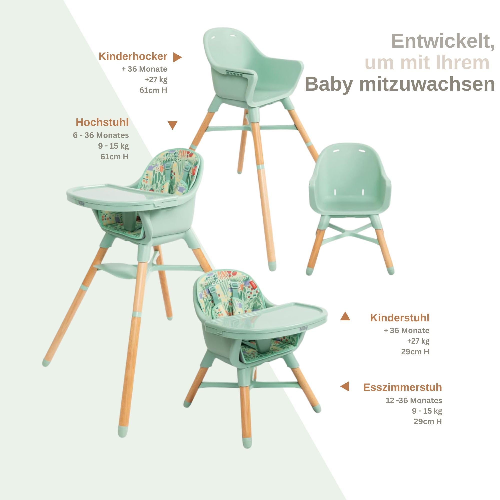 Nuby 4-in-1 Mitwachsender Hochstuhl, bis 27 kg, ab 6 Monaten, Salbeigrün