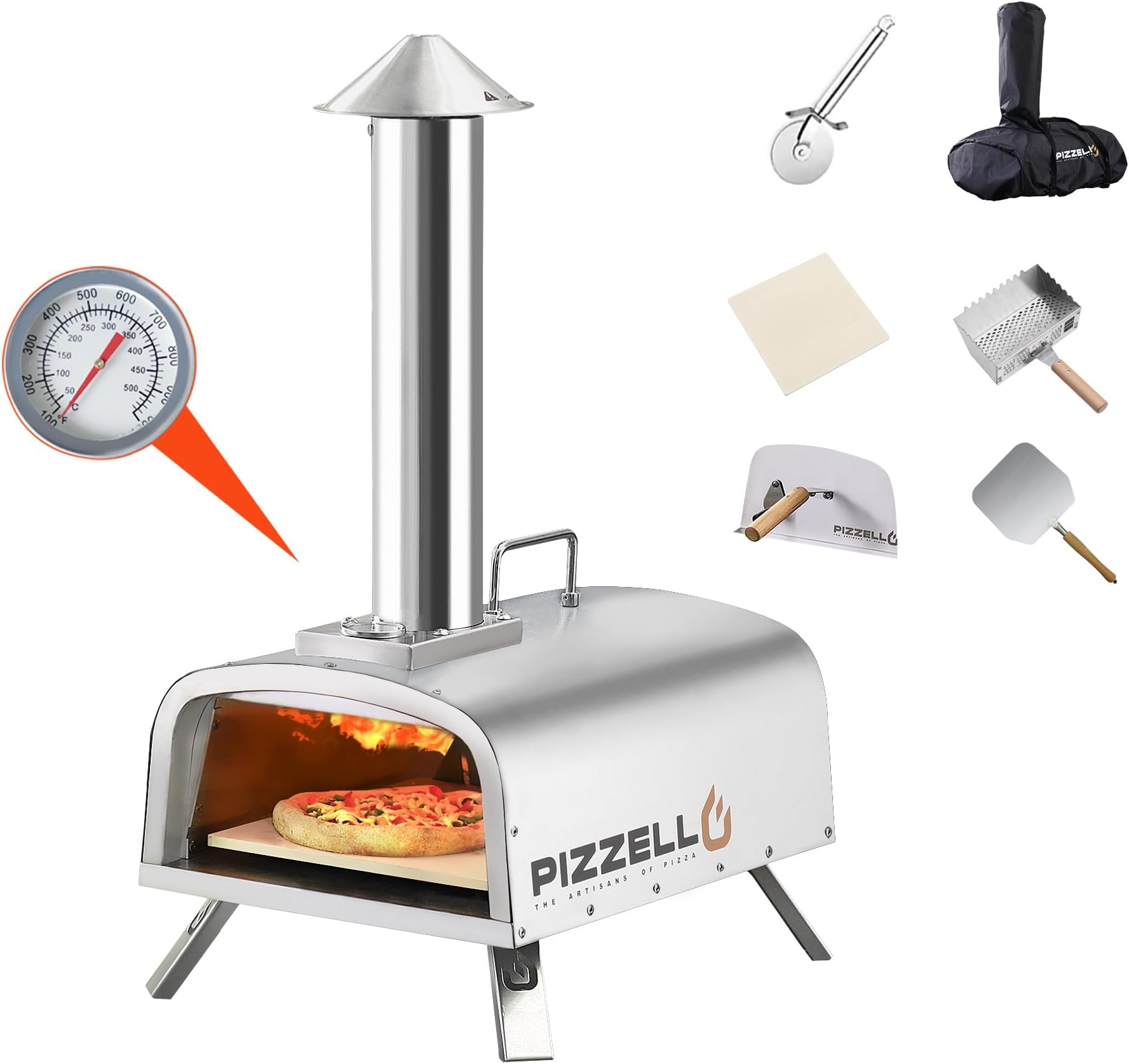 Outdoor Wood Fired Pizza Oven Portable Pellet Pizza Ovens for Outside,Pizza Maker with Pizza Stone, Pizza Peel, Waterproof Cover (Silver)