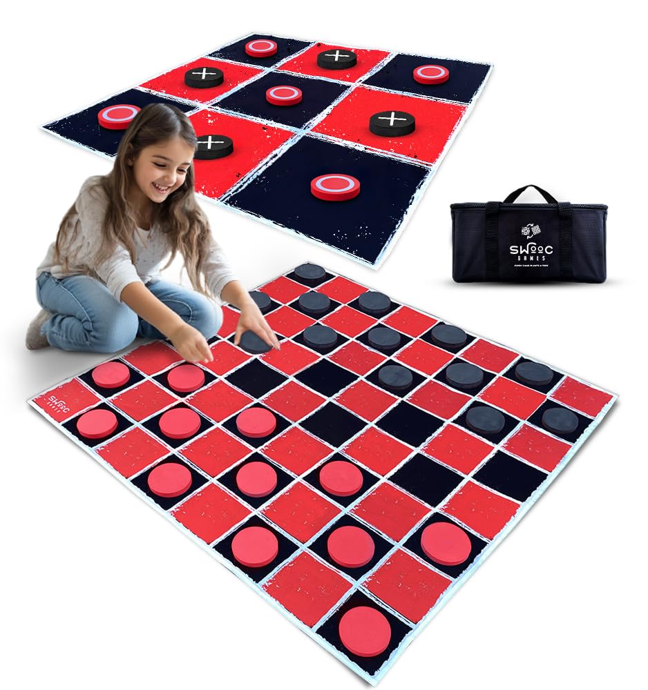 Swooc Games® - 2-in-1 Vintage Giant Checkers &amp; Tic Tac Toe Game W/Mat (3ft x 3ft) - 100% Machine-Washable Canvas - Giant Outdoor Games for Kids - Yard Game for Kids - Jumbo Lawn Set - Large Checkers
