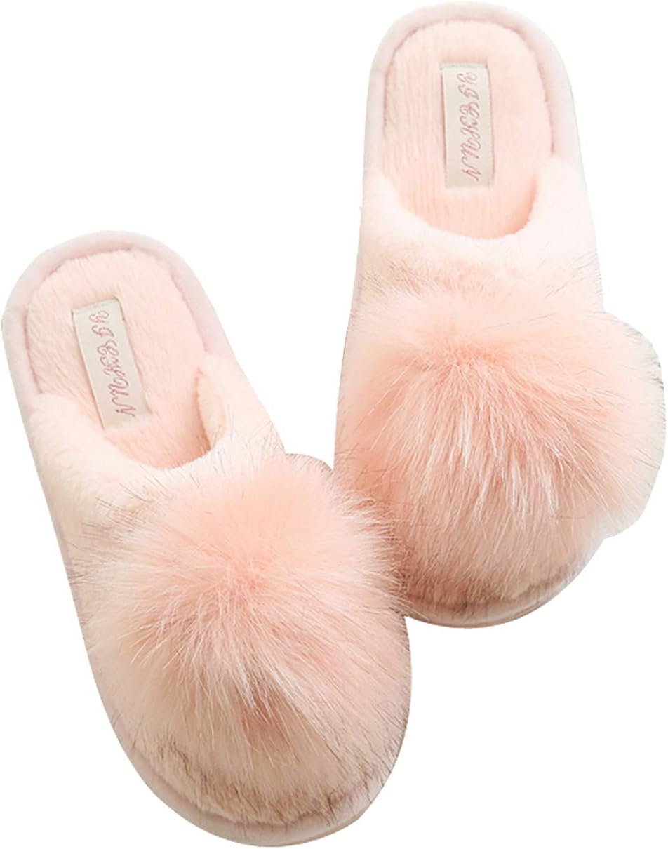 FreLO Women's Pink Plush Pom-pom Fuzzy Slippers Fluffy Slippers