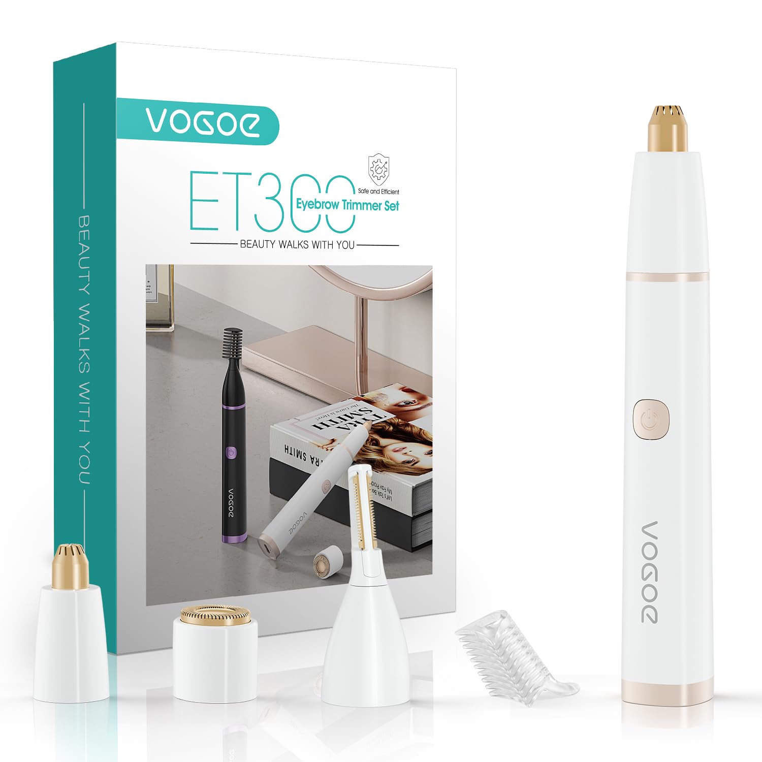 VOGOE Depiladora Facial Mujer 3-en-1, Regulador de Cejas Eléctrico Indolora, Recargable y Resistente al Agua con Peine, para Cejas, Labio Superior, Mentón y Mejillas (Blanco)