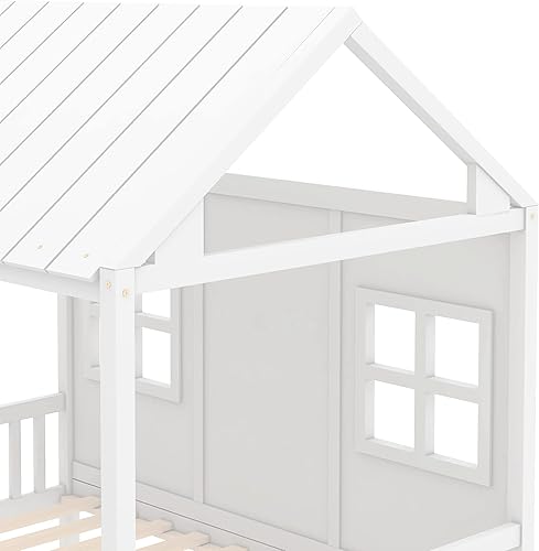 Miniatura 4 de Harper & Bright Designs Cama individual de casa para niños, marco de cama de tamaño individual con nido y techo, cama de casa de juegos para niños,