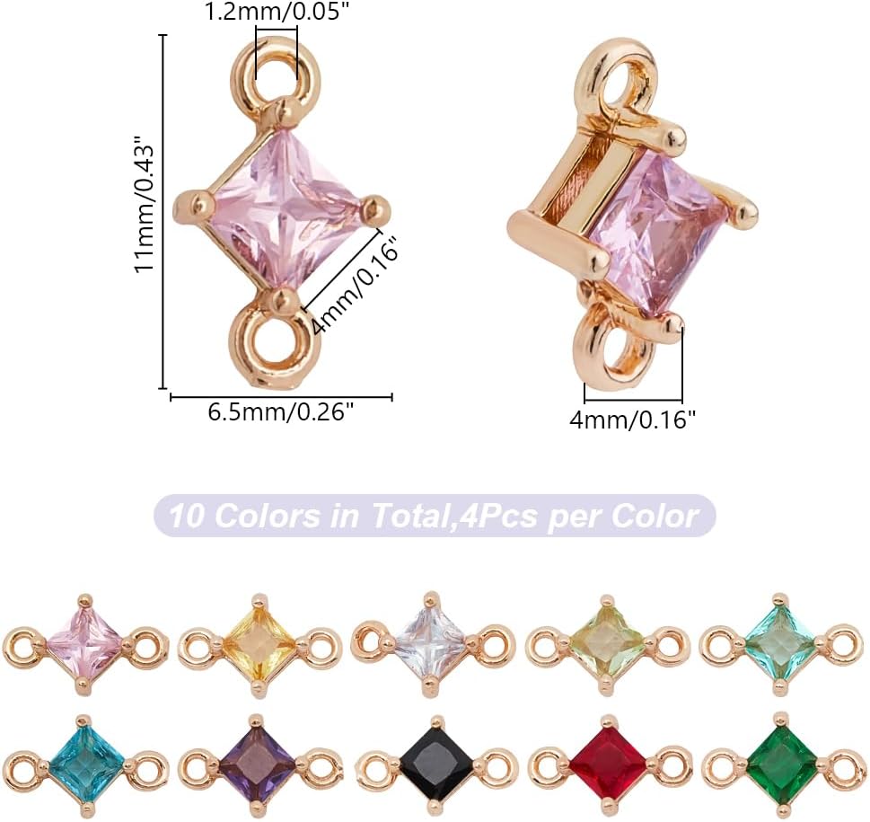 10 Colors 40Pcs Rhombus Connectors Faceted Charms 11mm Colorful Glass Charms Links Transparent Glass Links Pendants with Brass Findings for DIY Bracelets Earring Jewelry Making - Image 2