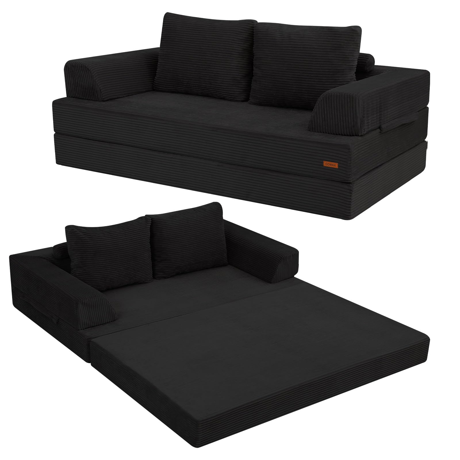 Photo 1 of ** dirt **COMAX Futon Sofa Bed, Convertible Folding Sofa Bed, Boneless Couch Loveseat Corduroy with Pillows, Small Foldable Floor Couch Comfy Lounge Sleeper for Living Room Bedroom, Black