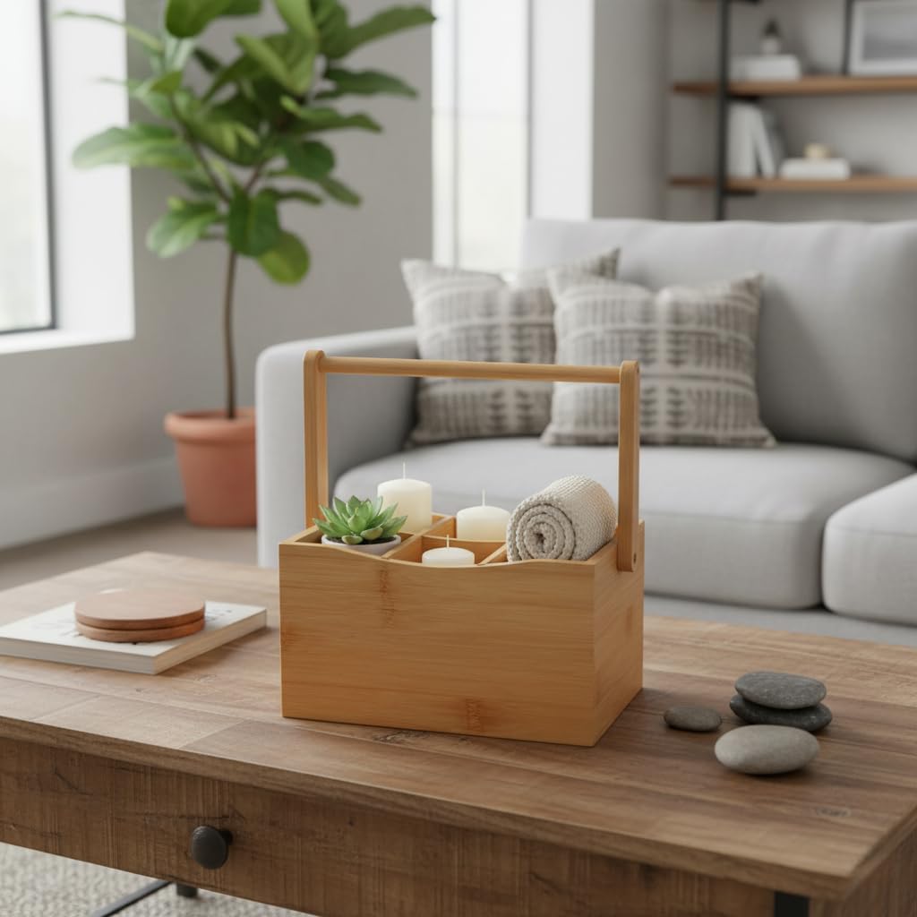 Deconox Bambu Taşıma Kulplu Çok Amaçlı Düzenleyici - 6 Bölmeli Çatal Bıçaklık | Ofis, Banyo ve Masaüstü Caddy Organizer (21.6x14x12.7 cm)