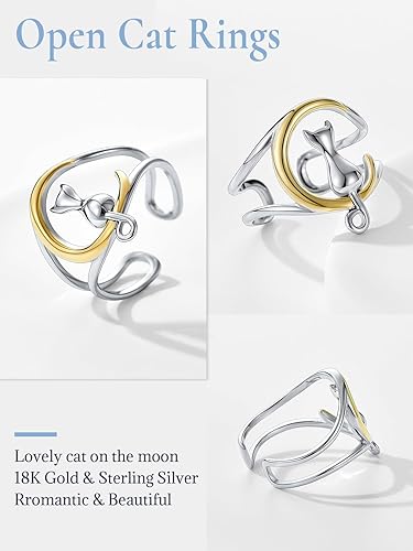 Miniatura 7 de SILVERCUTE Women Cat Ring 925 Sterling Silver 18K Gold Plated Cat on The Moon Cute Wrap Ring Adjustable