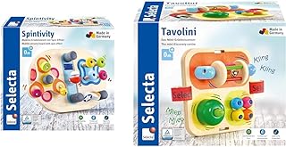 Selecta 62064 Spintivity, Wooden Motor Skills Board, 20 cm, Spinitivity & 62014 Tavolini, Wooden Motor Skills Toy, 14 cm