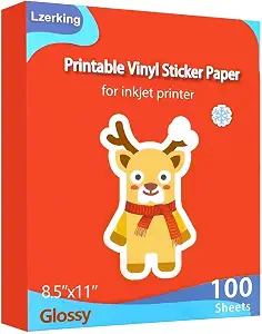 Lzerking Glossy Printable Vinyl Sticker Paper, 100 Sheets Waterproof Decal, 8.5x11" White, Compatible with Inkjet & Laser Printers