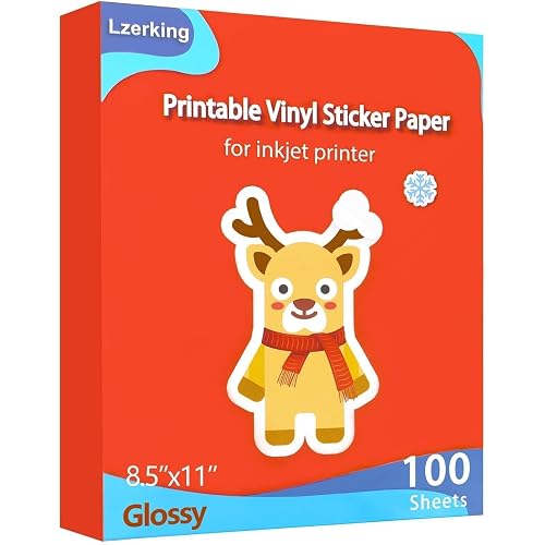 Lzerking Glossy Printable Vinyl Sticker Paper, 100 Sheets Waterproof Decal | for Inkjet & Laser Printers, 8.5x11" White, Compatible with Cricut, Bulk Pack for Small Business & DIY