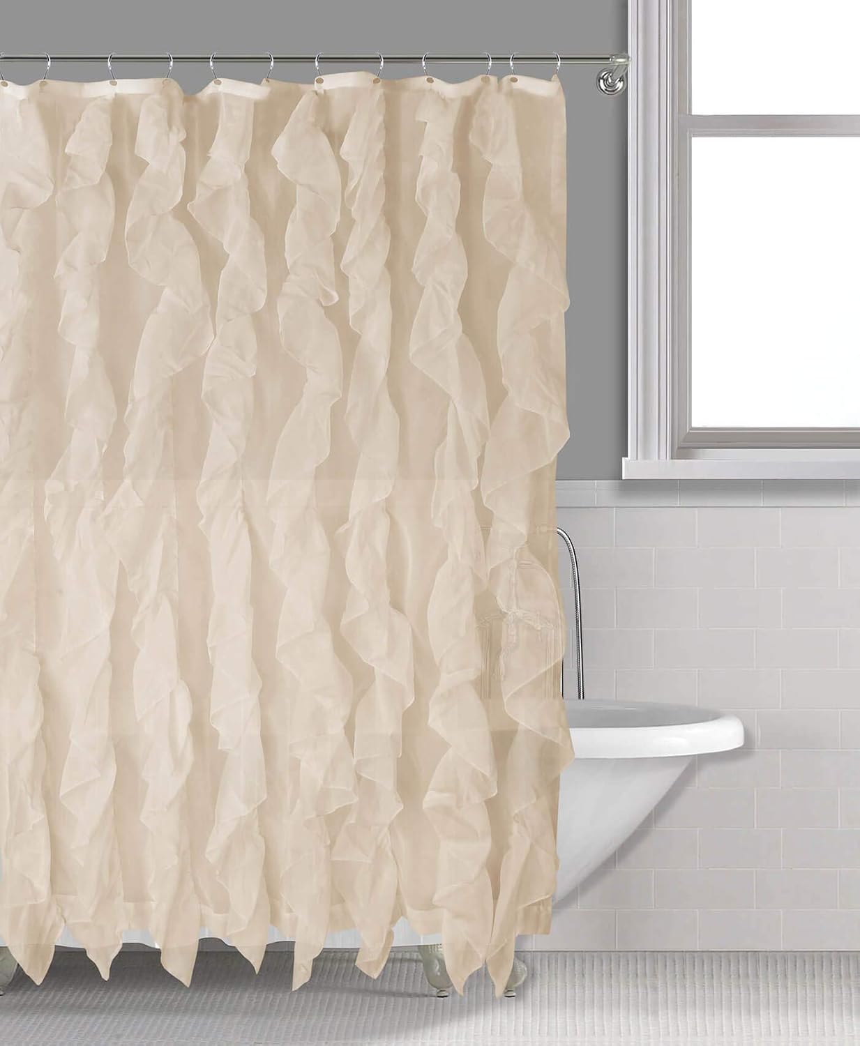 Sapphire Home Cascade Shower Curtain, Fabric Ruffle Shower Curtain, 70" x 72" Inches, Sheer Voile Vertical Ruffled Bathroom Shower, (Cascade, 70"x72", Beige)