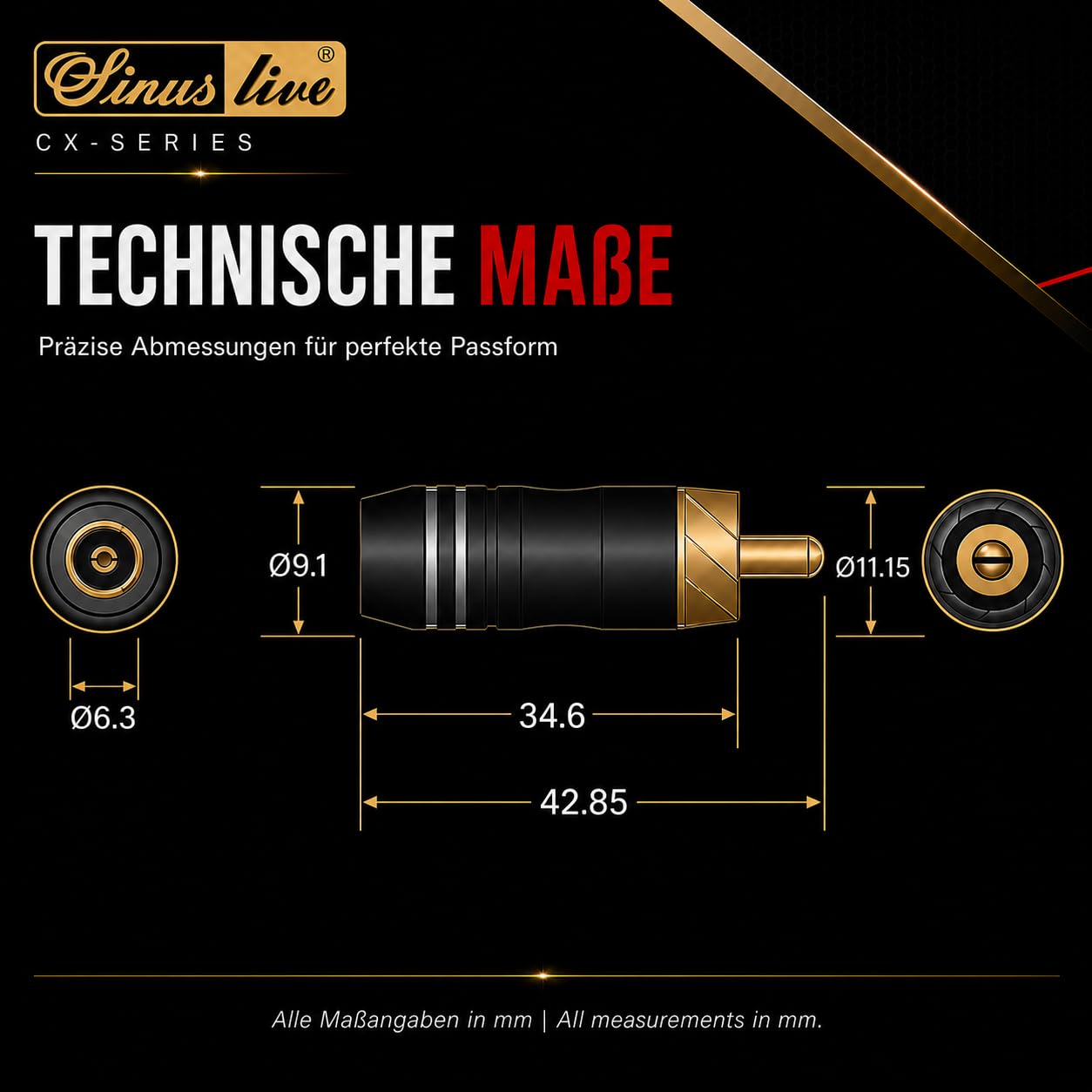 Sinuslive KS-16 5m Car-HiFi Batteriekabel Set 16mm² – anschlussfertiges Kabelset für Endstufe Verstärker, mit 60A Mini-ANL Sicherung, Pluskabel, Massekabel und CX-50 Cinchkabel