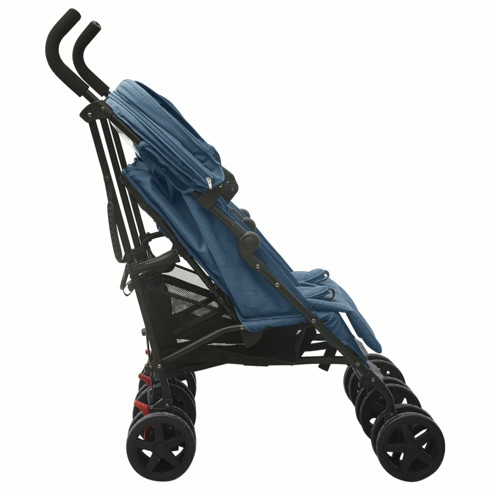 Carrito para Gemelos Silla de Paseo Gemelar Cochecito Doble Reclinable y Plegable Sillita Doble Cochecito Hermanos para Bebé Niño de Acero Azul Marino